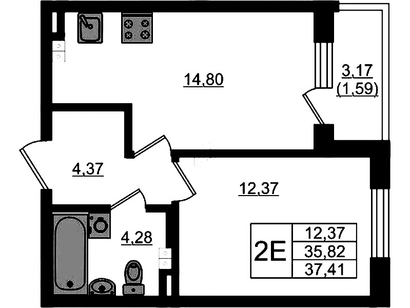 1-комнатная квартира 37.41 м², 3/4 эт., ЖК «Новая история»